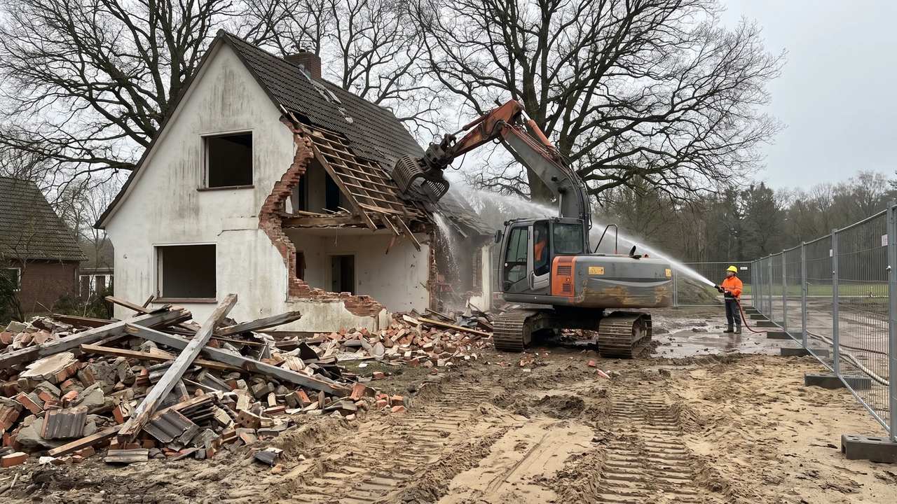 Kettenbagger mit Sortiergreifer reißt ein entkerntes, verputztes Haus ab, ein Arbeiter bindet den Staub mit Wasser