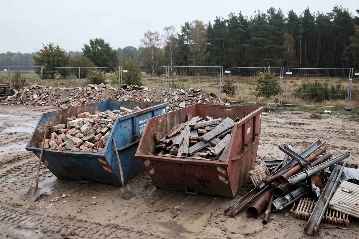 Abbruchmaterial nach Sorten getrennt: Ziegel und Holz in eigenen Mulden, Metall auf einem Haufen