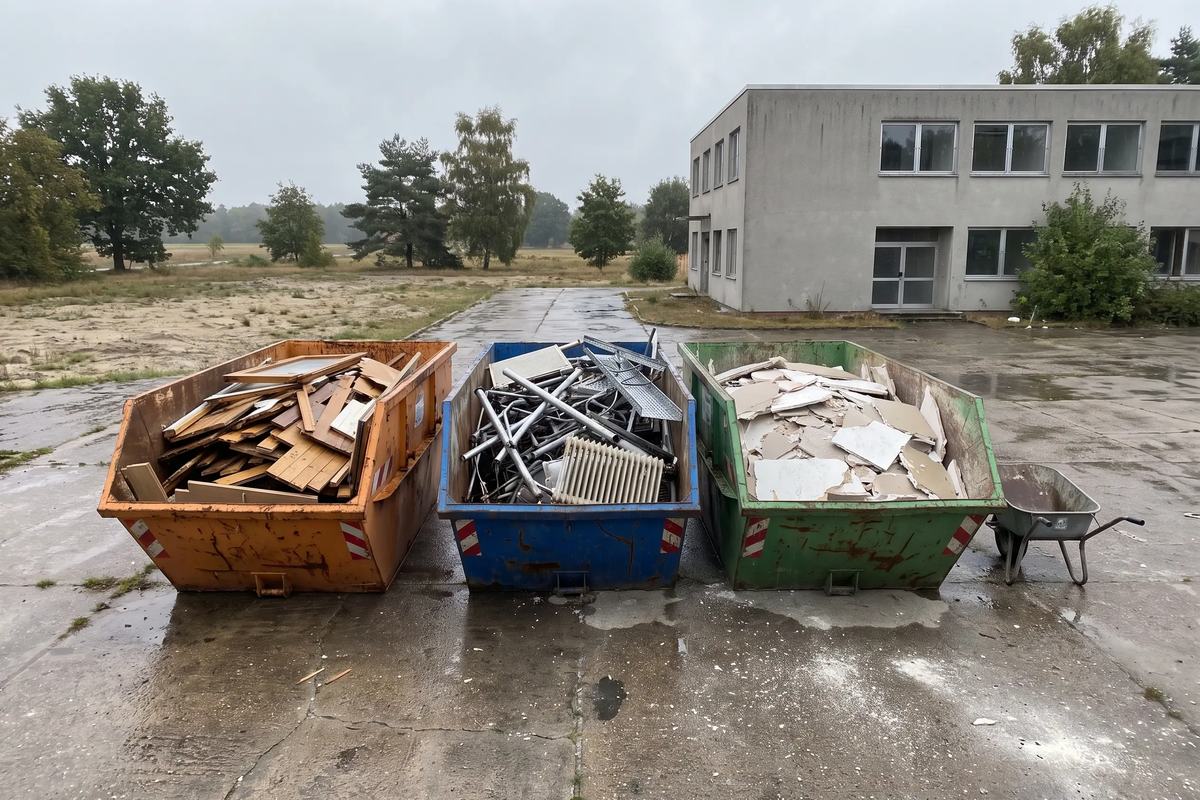 Drei Mulden vor einem Gewerbebau, getrennt gefüllt mit Holz, Metall und Gipsplatten