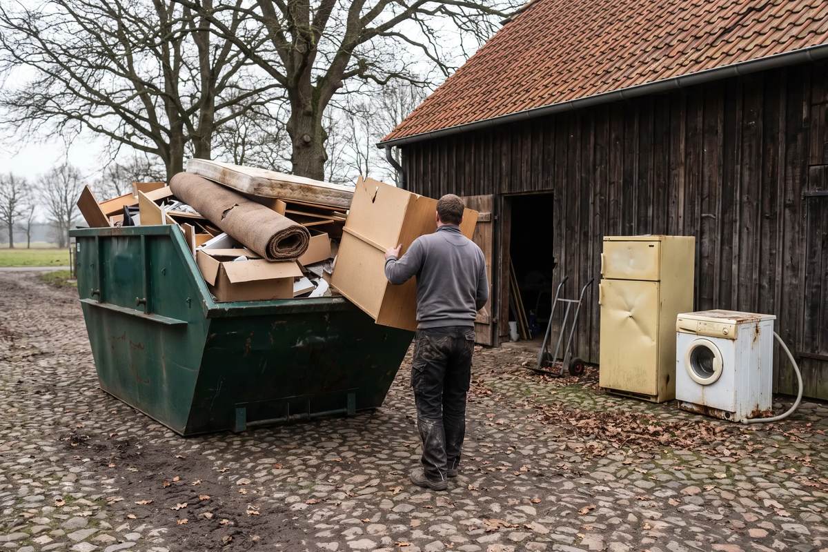 Arbeiter trägt ein Schrankteil zur Mulde mit Sperrmüll auf einem Hof, Kühlschrank und Waschmaschine stehen getrennt daneben