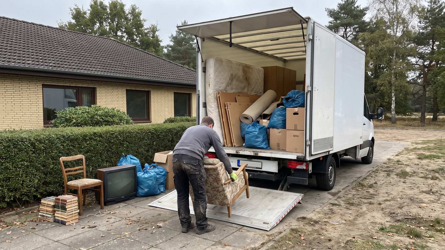 Arbeiter trägt einen alten Sessel zum Transporter mit Ladebordwand in der Einfahrt eines Bungalows, daneben Müllsäcke und ein Fernseher