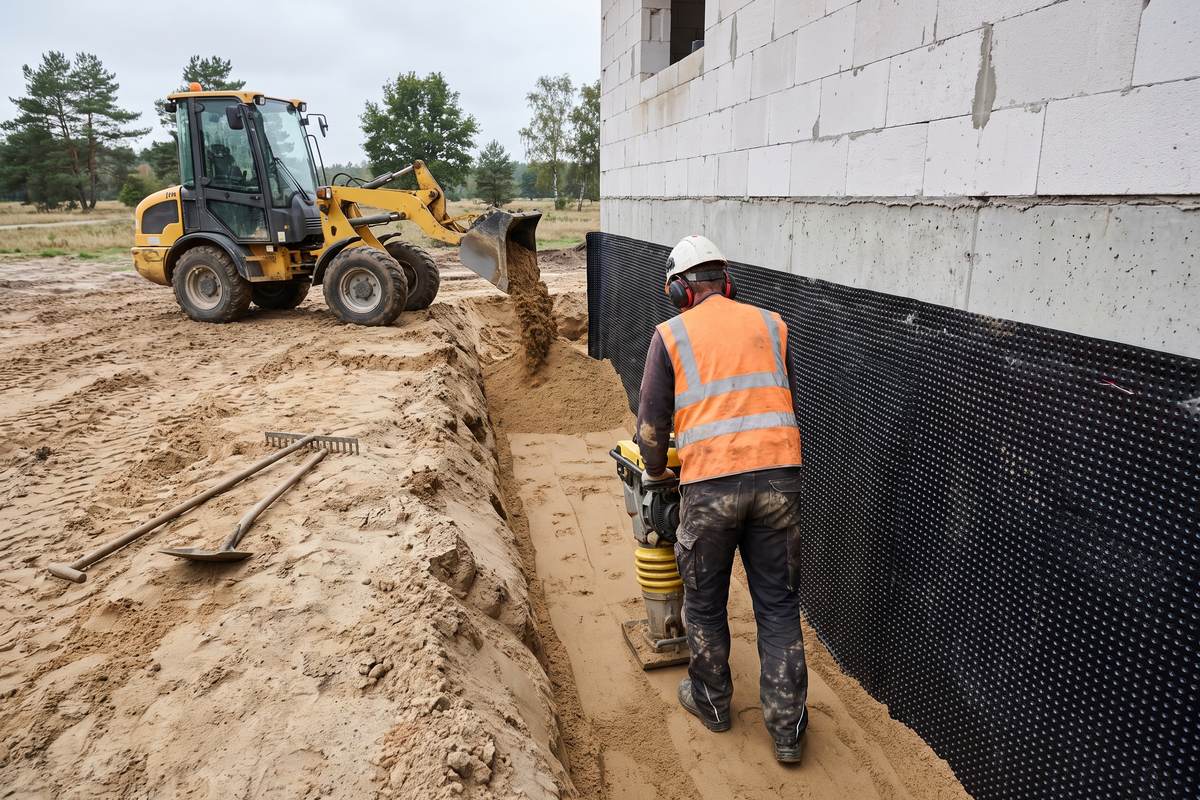 Arbeiter in Warnweste verdichtet Sand mit dem Stampfer im Arbeitsraum an einer Kellerwand, ein Radlader füllt Sand nach
