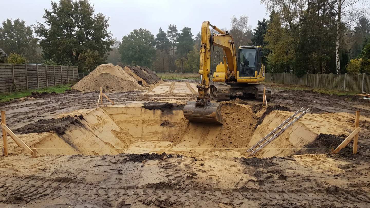 Gelber Kettenbagger hebt auf einem sandigen Grundstück eine Baugrube mit geböschten Wänden aus, im Hintergrund Kiefern