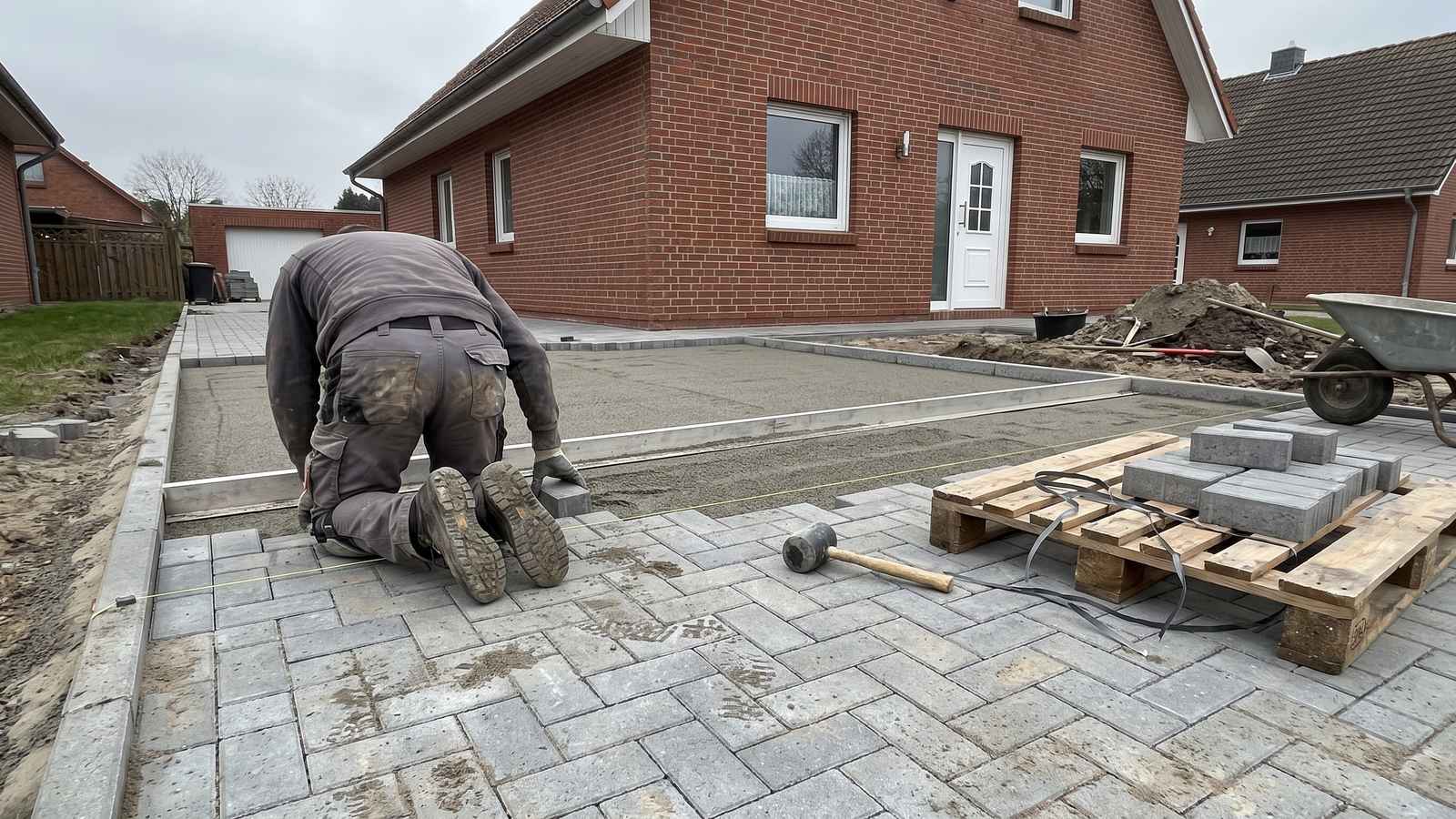 Pflasterer verlegt graue Betonsteine auf einem abgezogenen Splittbett vor einem Backsteinhaus